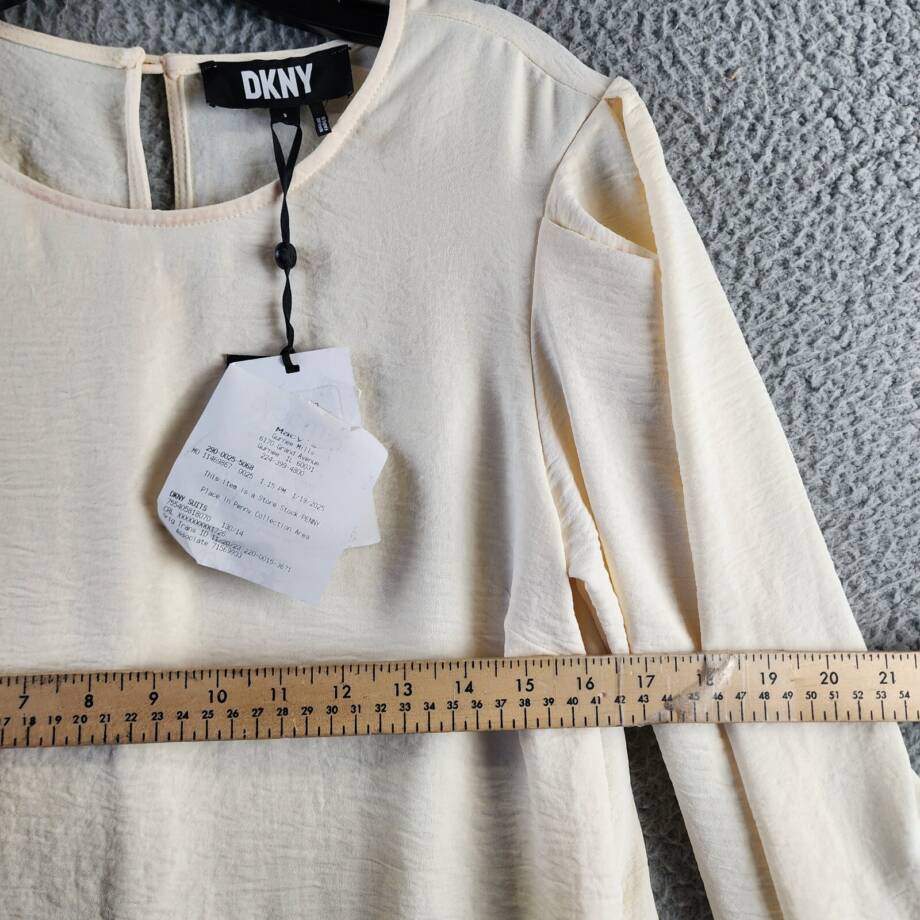 DKNY 3/4-Sleeve Hammered Satin Top Womens S Buttercream Crewneck Keyhole Closure