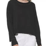 DKNY Studded Sweater Women's M Black Ribbed Trim Crew Neck Long Sleeve Pullover