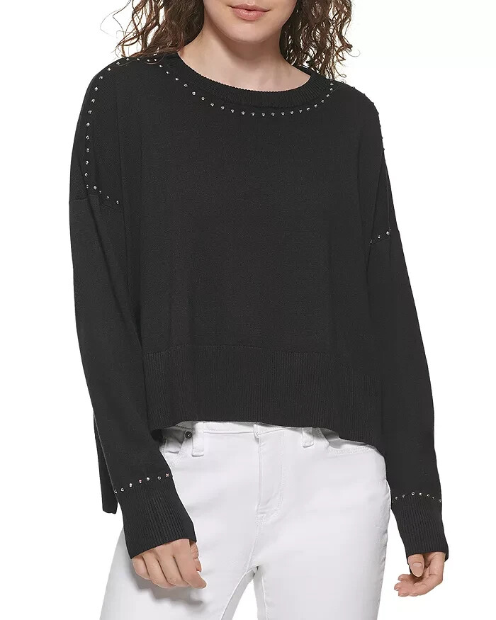 DKNY Studded Sweater Women's M Black Ribbed Trim Crew Neck Long Sleeve Pullover