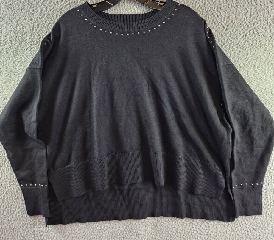 DKNY Studded Sweater Women's M Black Ribbed Trim Crew Neck Long Sleeve Pullover