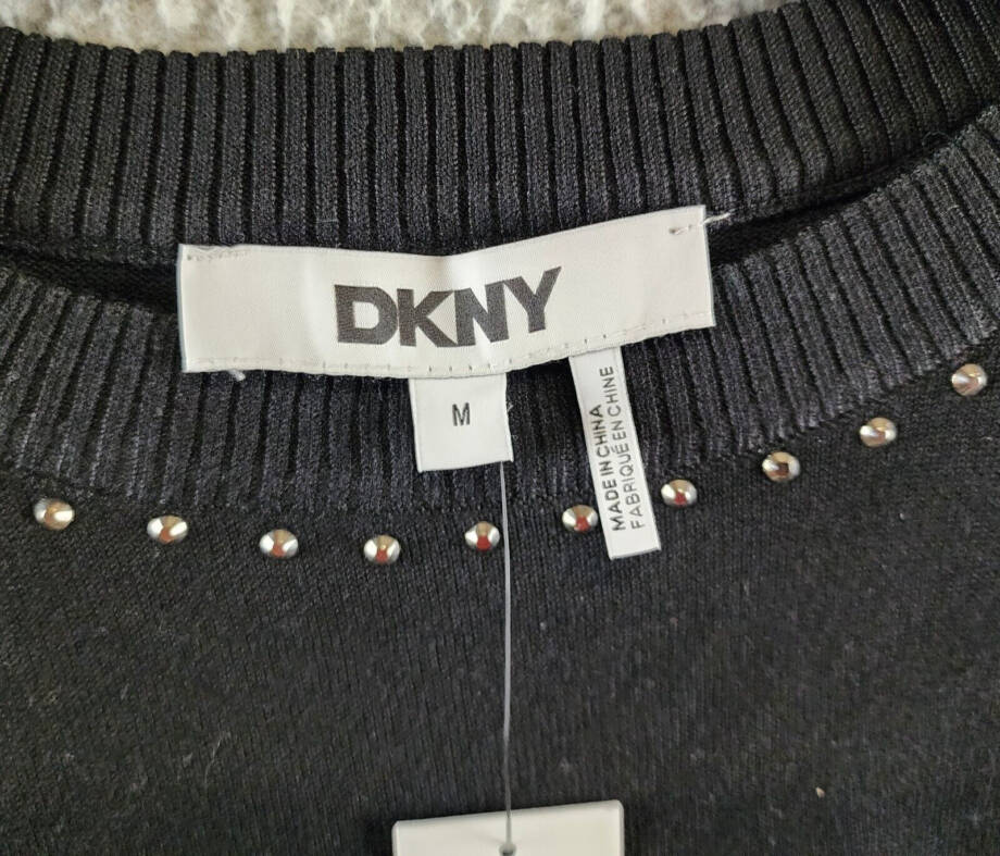DKNY Studded Sweater Women's M Black Ribbed Trim Crew Neck Long Sleeve Pullover