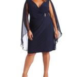 R & M Richards Plus Size Embellished Chiffon-Cape Dress Womens 18W Navy Back Zip