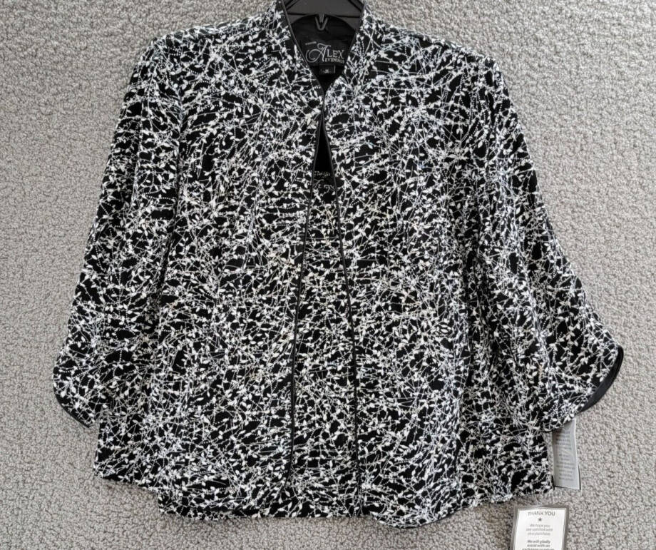 Alex Evenings Plus Size Printed Mandarin Jacket & Top Set Women's 1X Black/White