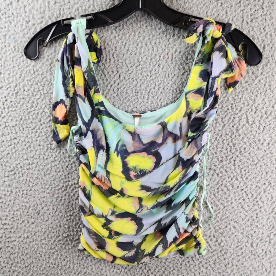 Free People Printed Avenue Tank Top Women's XS Multi Square Neck Tie Shoulder