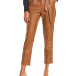 Lucy Paris Faux Leather Paperbag-Waist Pants Women's L Cognac Zip Fly Belt Loop