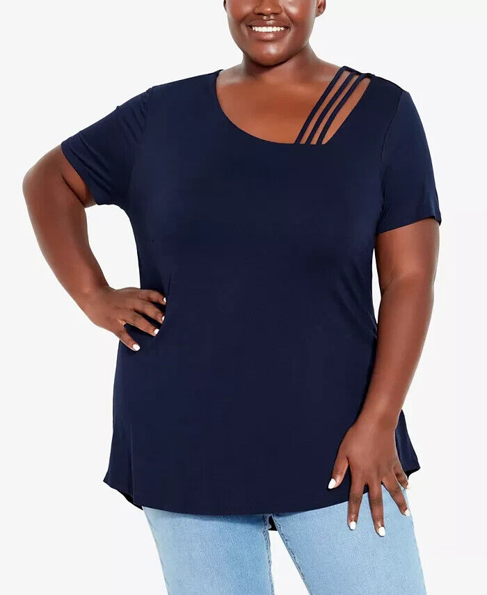 AVENUE Plus Size V Cut Out Short Sleeve Top Women's 18 Navy Asymmetric Pullover