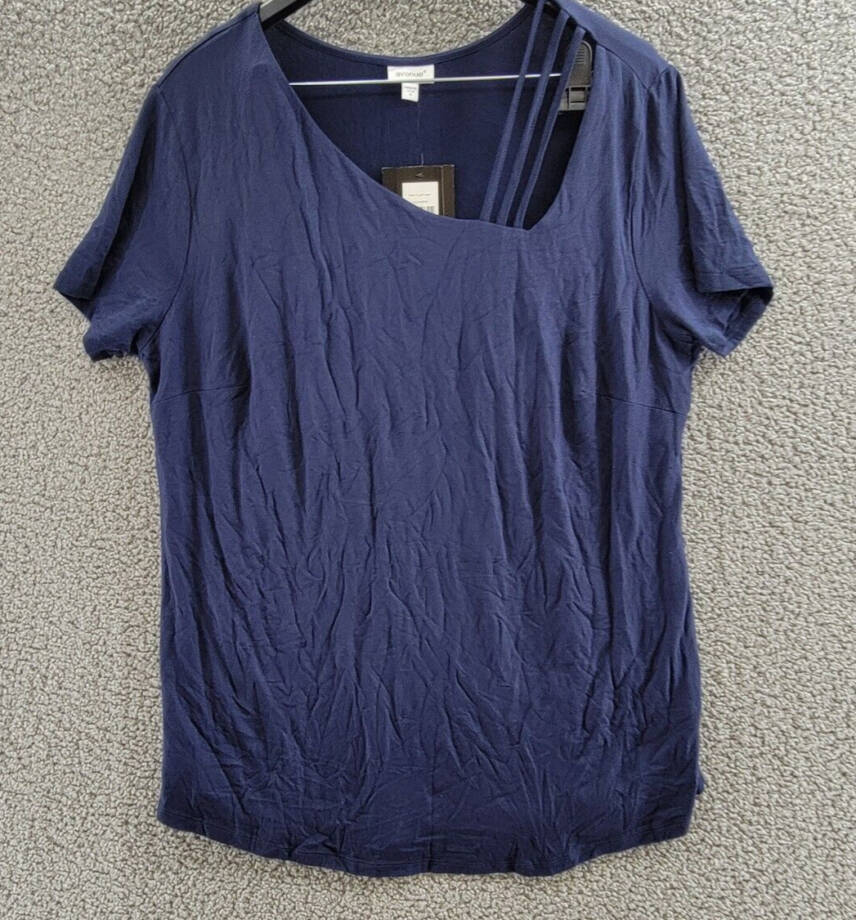 AVENUE Plus Size V Cut Out Short Sleeve Top Women's 18 Navy Asymmetric Pullover