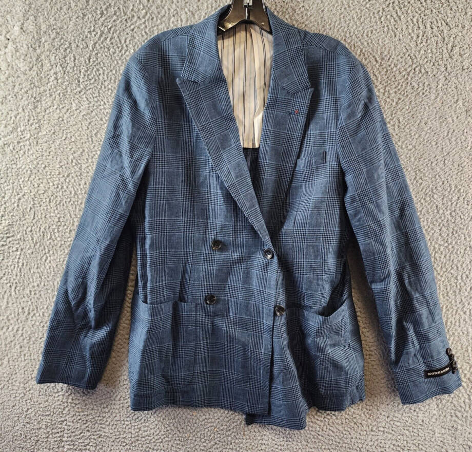 Scotch & Soda Linen Blend Double Breasted Check Blazer Men's M Blue Peak Lapel