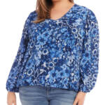 Karen Kane Plus Floral V-Neck Blouson Top Women's 1X Print Long Sleeve Pullover