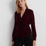 Lauren Ralph Lauren Pleated Surplice Blouse Women's 0 Deep Rhodonite Velvet L/S~