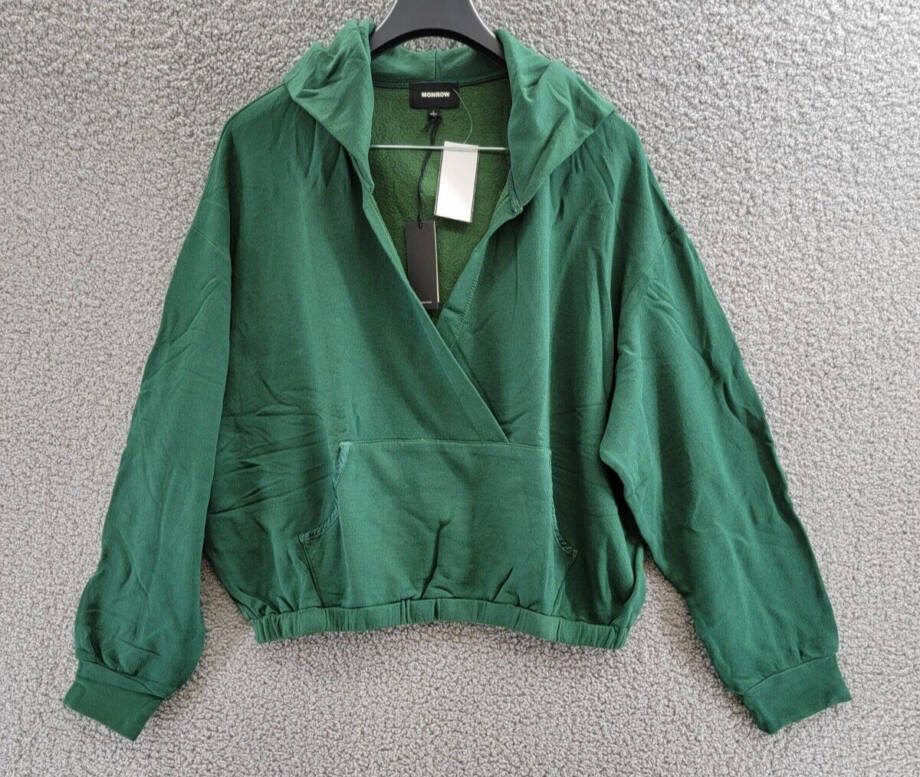Monrow Super Soft Fleece V-Neck Hoodie Women's L Evergreen Kangaroo Pockets L/S