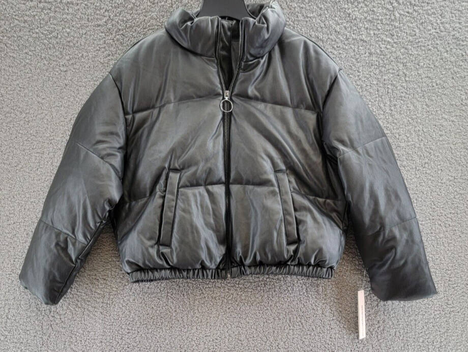 AQUA Faux Leather Full Zip Puffer Jacket Women's XL Black Solid Side Pockets L/S