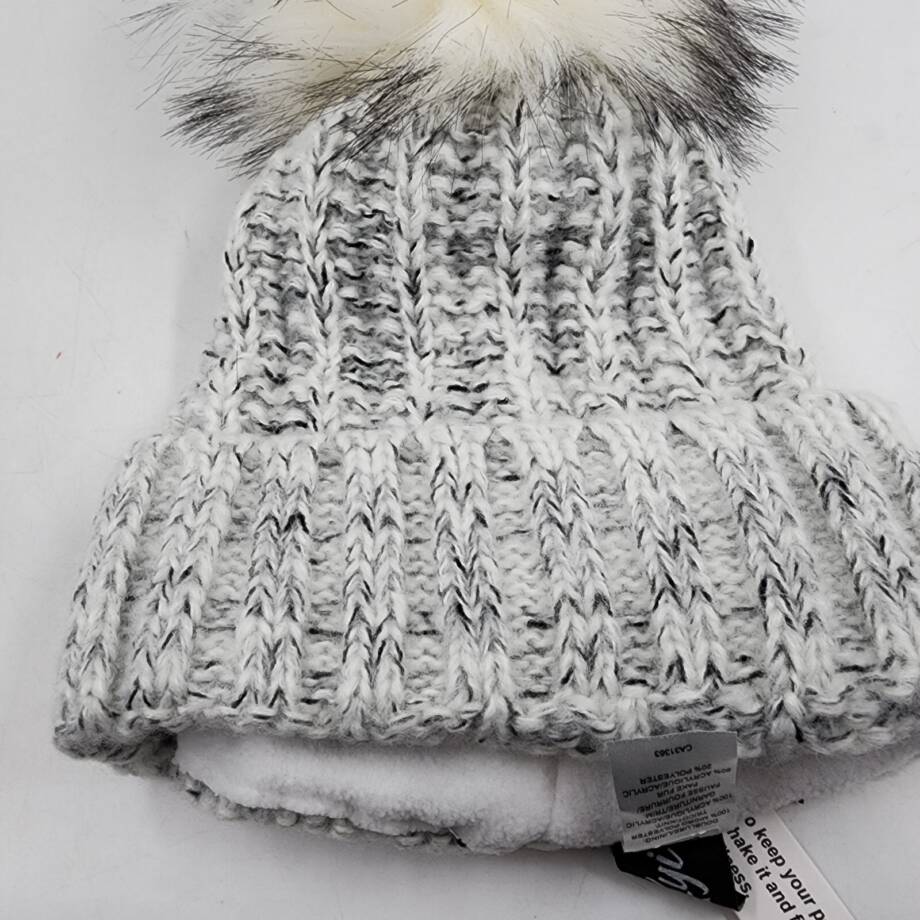 Kyi Kyi Fold-Up Fox Fur Pom Beanie Women's One Size Silver Tight-Knit