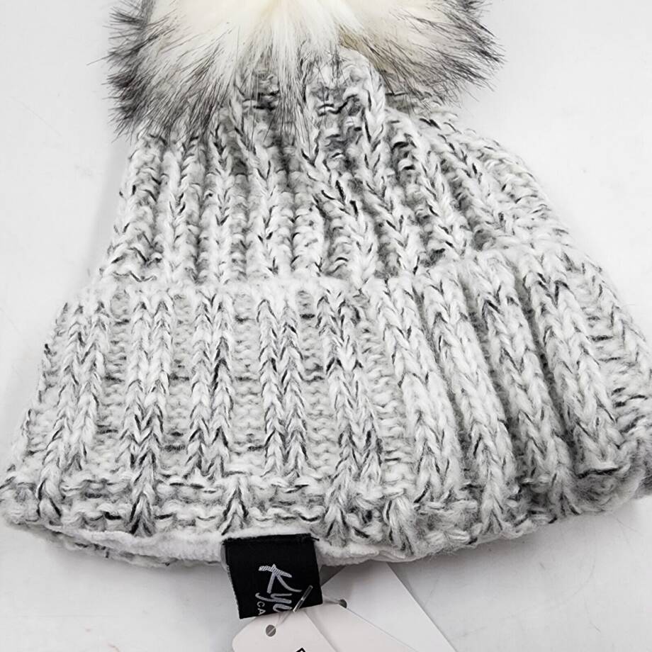 Kyi Kyi Fold-Up Fox Fur Pom Beanie Women's One Size Silver Tight-Knit