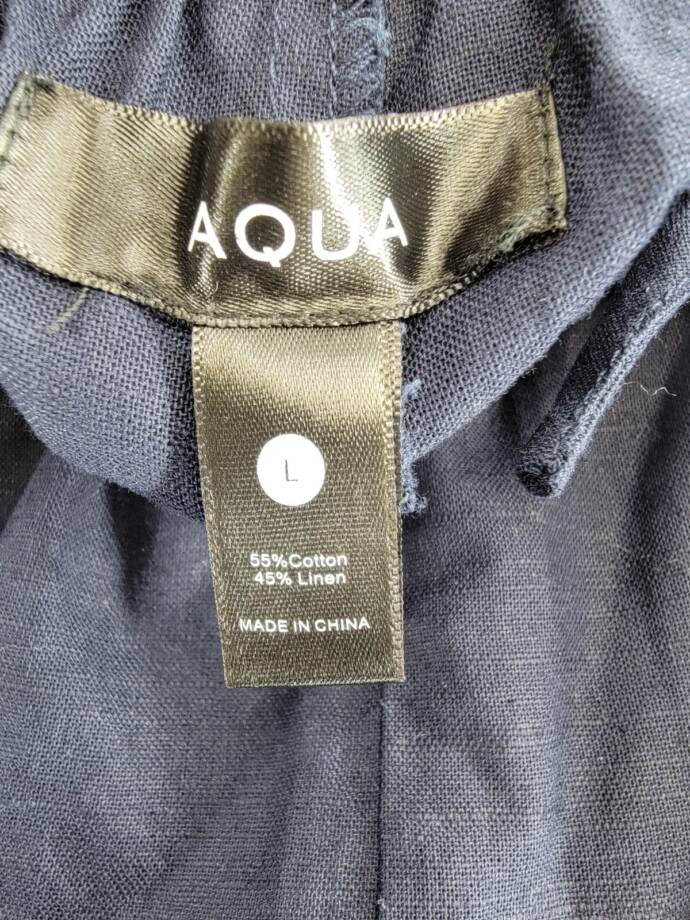 Aqua Linen Blend Mini Pleated Casual Short Women's L Navy Drawstring Pull On~