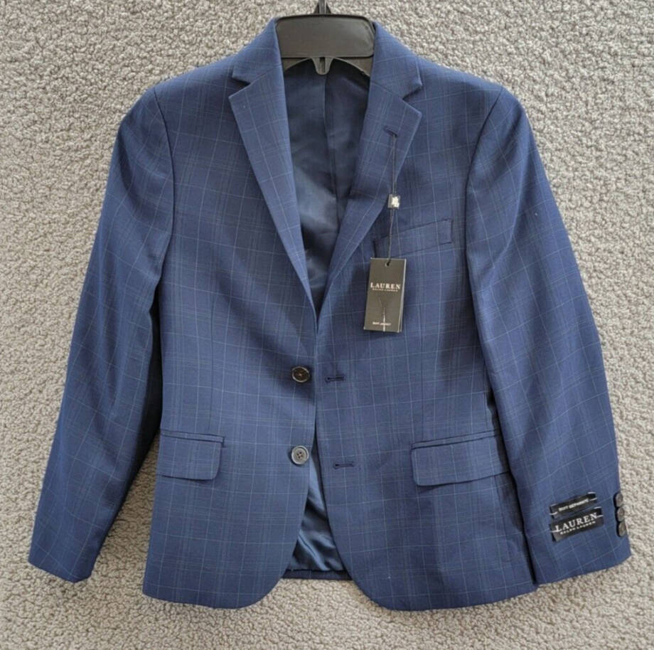 Lauren Ralph Lauren Plaid Classic Suit Jacket Big Boys 10R Dark Blue Long Sleeve