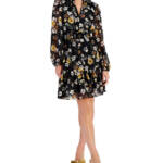 Lucy Paris Dallas Floral Smocked-Waist Tie-Neck Dress Women's M Black Multi L/S