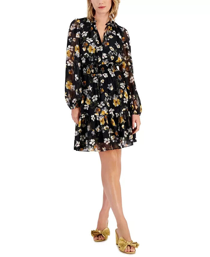 Lucy Paris Dallas Floral Smocked-Waist Tie-Neck Dress Women's M Black Multi L/S