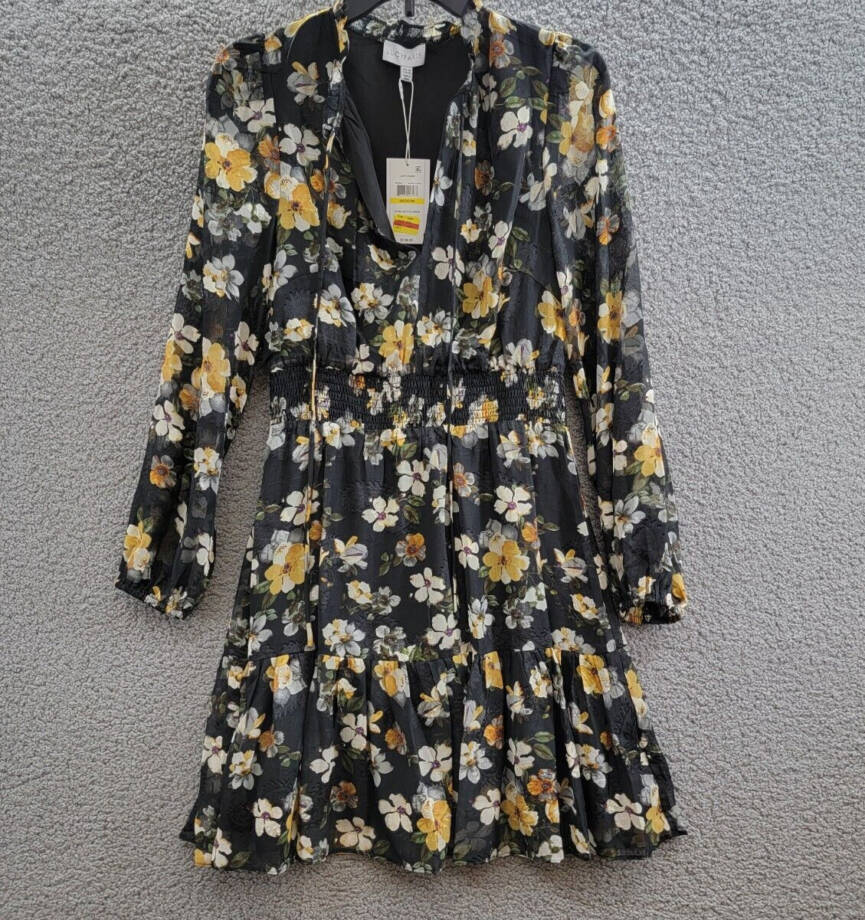 Lucy Paris Dallas Floral Smocked-Waist Tie-Neck Dress Women's M Black Multi L/S