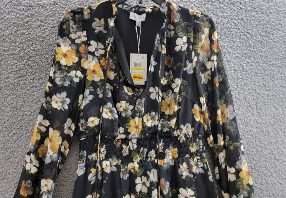 Lucy Paris Dallas Floral Smocked-Waist Tie-Neck Dress Women's M Black Multi L/S