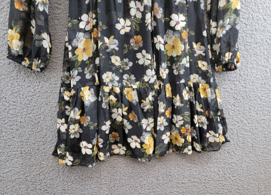 Lucy Paris Dallas Floral Smocked-Waist Tie-Neck Dress Women's M Black Multi L/S