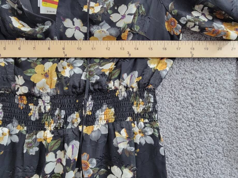 Lucy Paris Dallas Floral Smocked-Waist Tie-Neck Dress Women's M Black Multi L/S