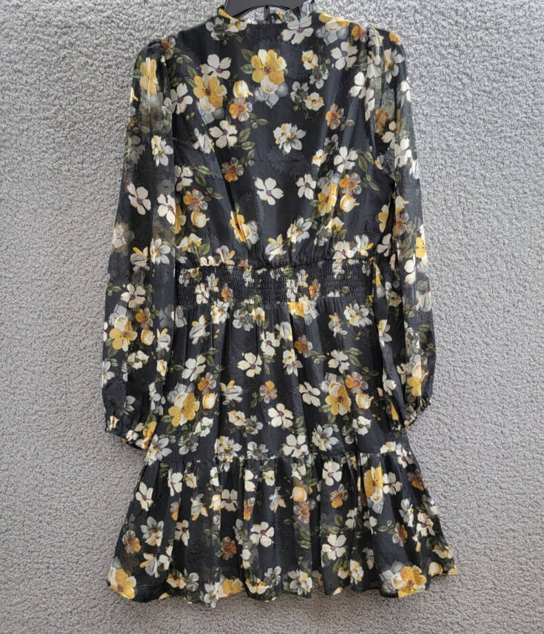 Lucy Paris Dallas Floral Smocked-Waist Tie-Neck Dress Women's M Black Multi L/S