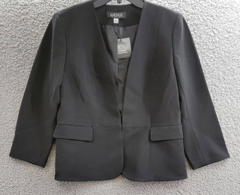 Kasper Collarless Open-Front Long-Sleeve Jacket Women's S Black Flap Pockets