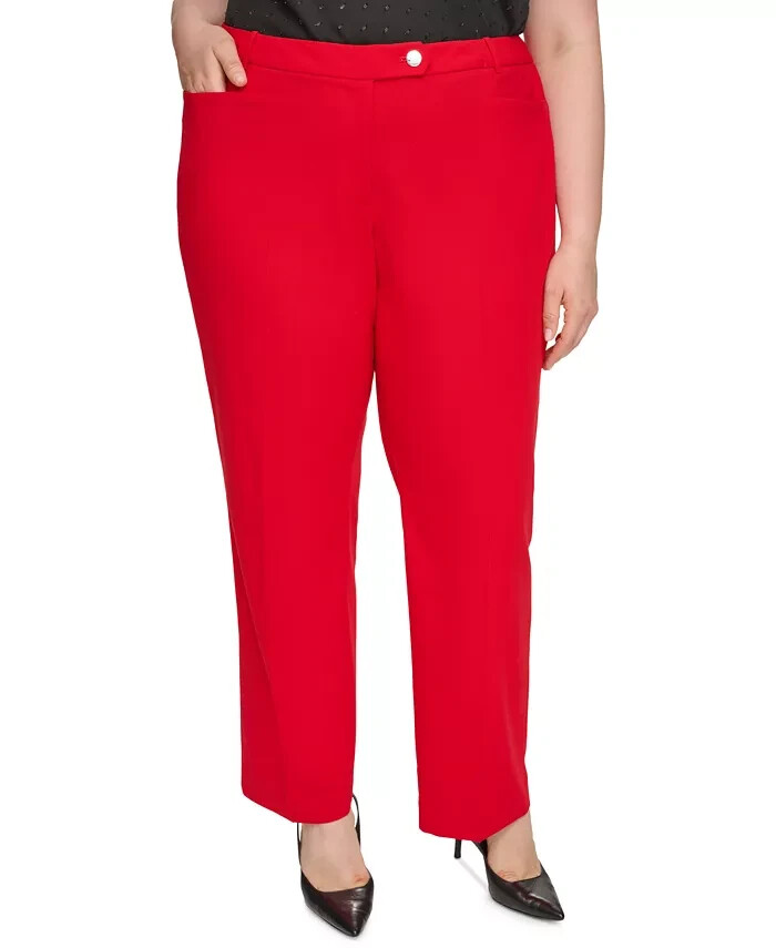 Calvin Klein Plus Size Mid-Rise Straight-Leg Pants Women's 24W Red Zip Closure~