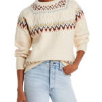 AQUA Fair Isle Sweater Women's M Cream Multi Crew Neck Long Sleeve Pullover