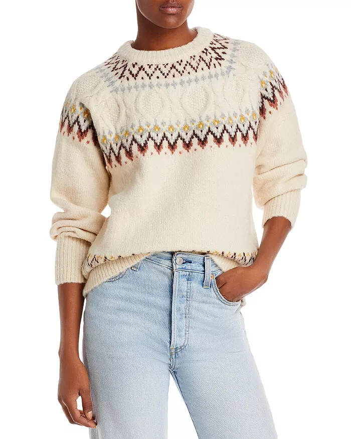 AQUA Fair Isle Sweater Women's M Cream Multi Crew Neck Long Sleeve Pullover
