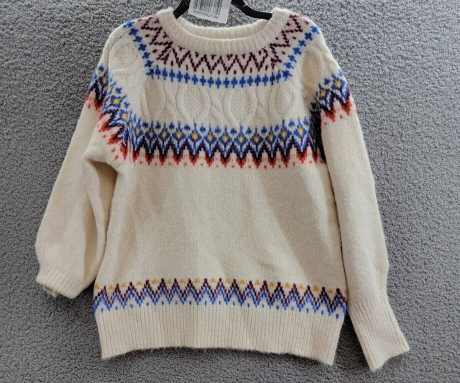 AQUA Fair Isle Sweater Women's M Cream Multi Crew Neck Long Sleeve Pullover