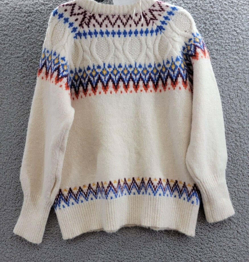 AQUA Fair Isle Sweater Women's M Cream Multi Crew Neck Long Sleeve Pullover