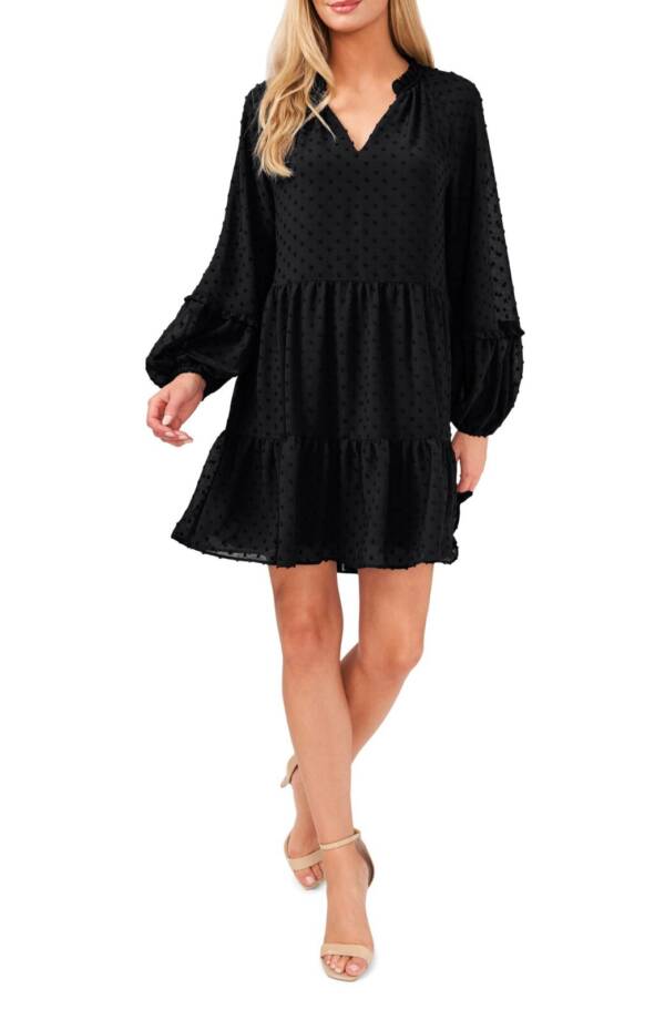 CeCe Clip Dot Ruffled Mini Dress Women's S Black V-Neck Long Sleeve Pullover