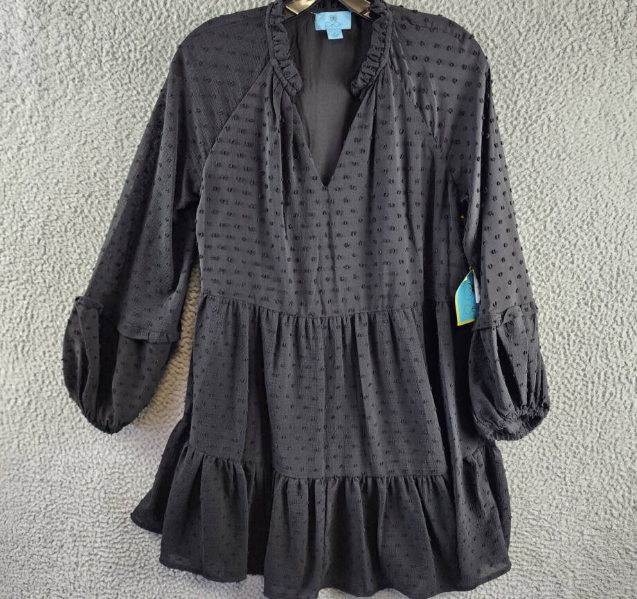 CeCe Clip Dot Ruffled Mini Dress Women's S Black V-Neck Long Sleeve Pullover