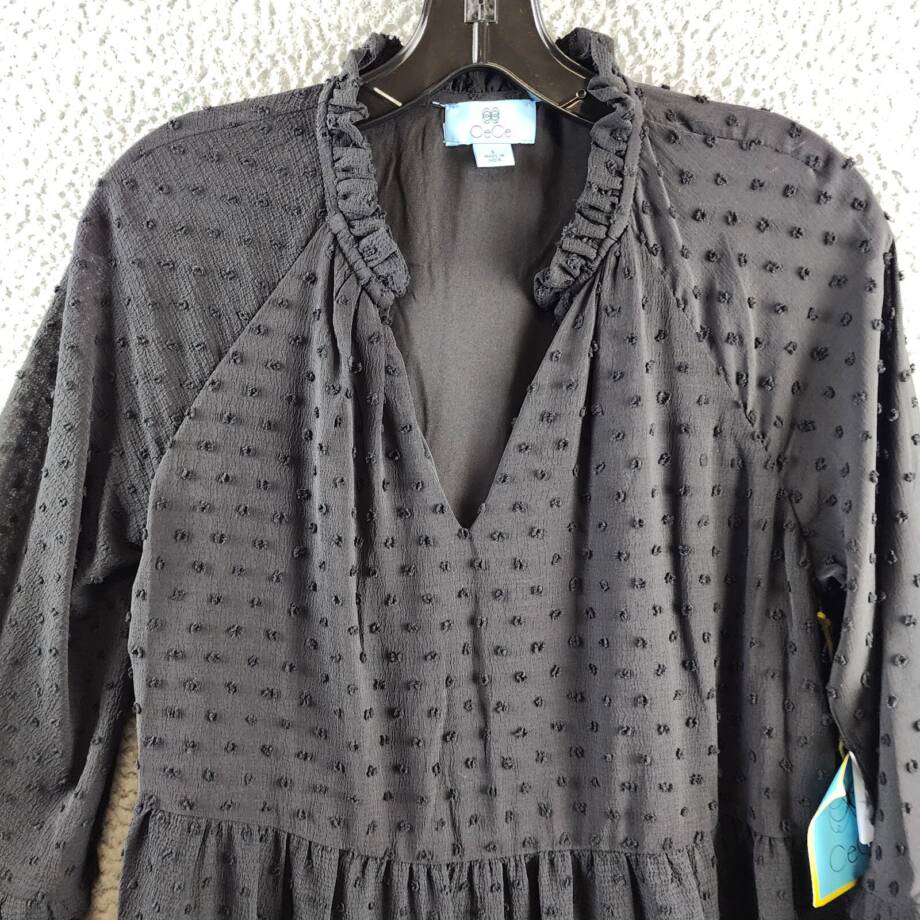 CeCe Clip Dot Ruffled Mini Dress Women's S Black V-Neck Long Sleeve Pullover