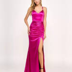 City Studio Satin Cross-Strap Mesh Embellished Back Gown Juniors 3/4 Deep Orchid