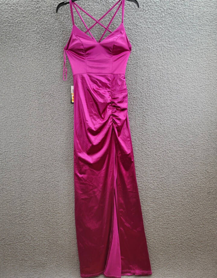 City Studio Satin Cross-Strap Mesh Embellished Back Gown Juniors 3/4 Deep Orchid