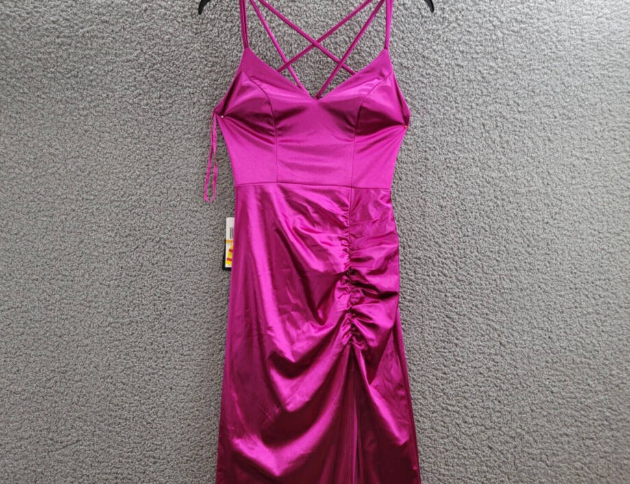 City Studio Satin Cross-Strap Mesh Embellished Back Gown Juniors 3/4 Deep Orchid