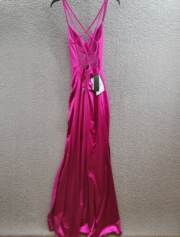 City Studio Satin Cross-Strap Mesh Embellished Back Gown Juniors 3/4 Deep Orchid