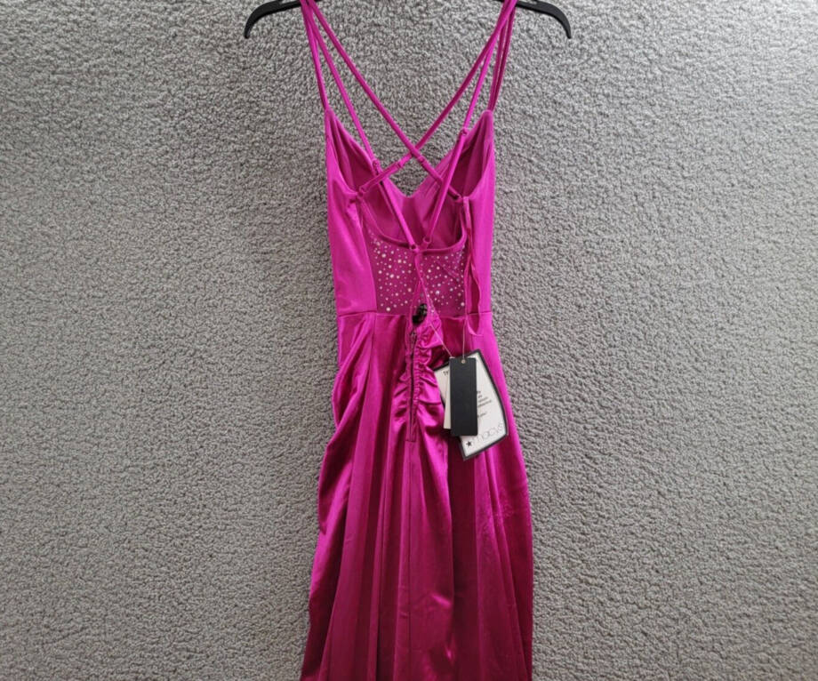 City Studio Satin Cross-Strap Mesh Embellished Back Gown Juniors 3/4 Deep Orchid