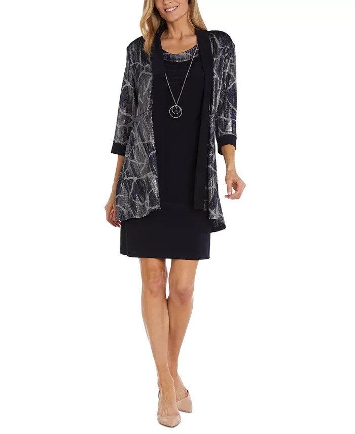 R & M Richards Necklace Printed-Jacket Dress Womens 6 Navy Scoop Neck 3/4 Sleeve