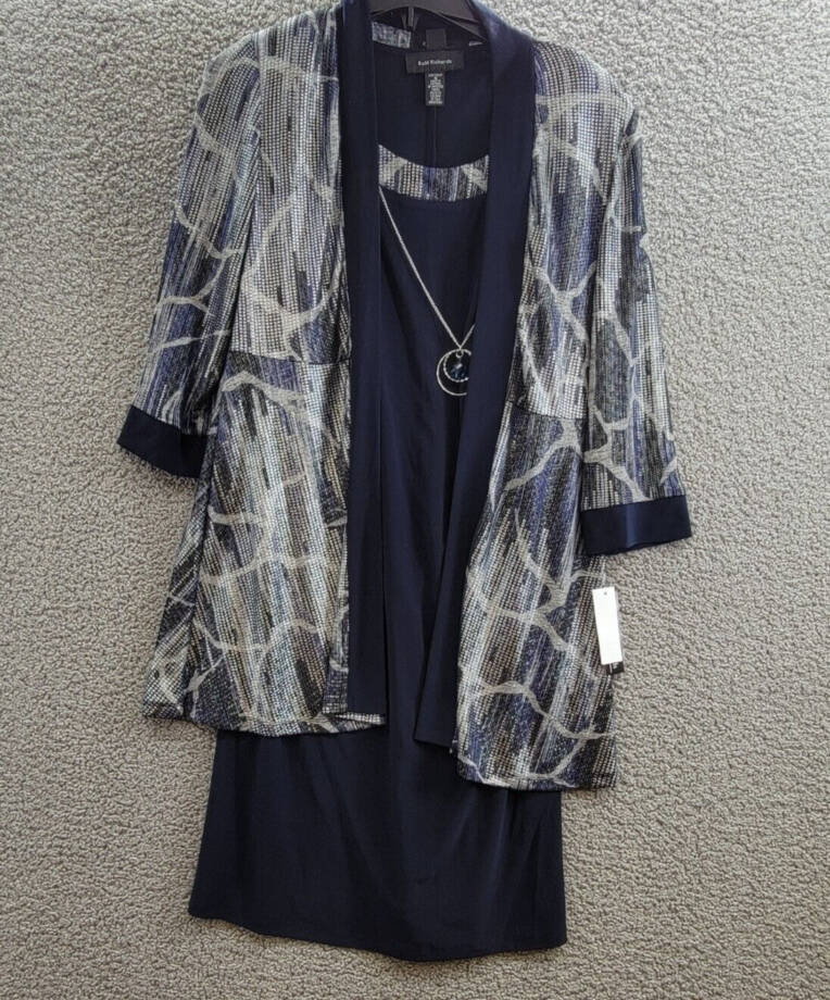 R & M Richards Necklace Printed-Jacket Dress Womens 6 Navy Scoop Neck 3/4 Sleeve
