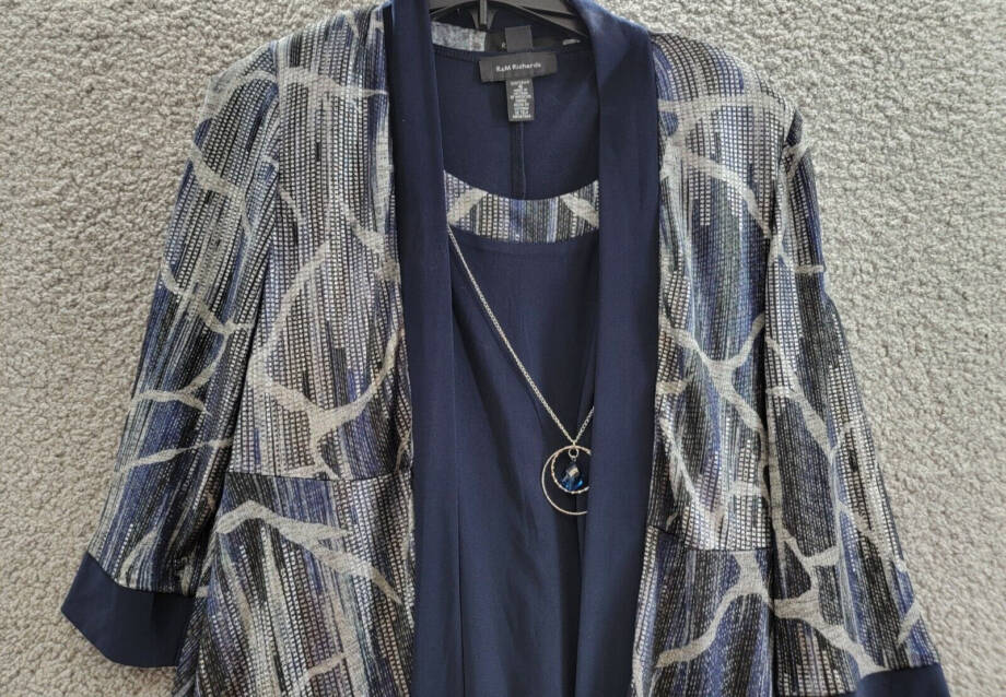 R & M Richards Necklace Printed-Jacket Dress Womens 6 Navy Scoop Neck 3/4 Sleeve