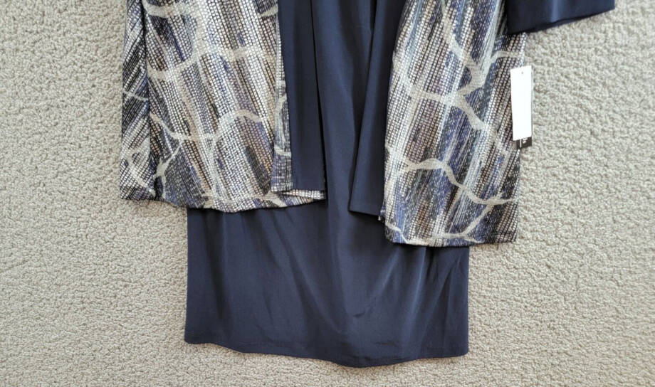 R & M Richards Necklace Printed-Jacket Dress Womens 6 Navy Scoop Neck 3/4 Sleeve