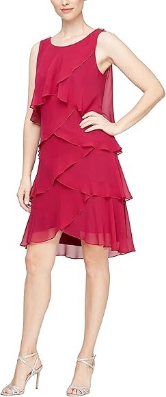 SL Fashions Tiered Chiffon Dress Women's 4 Wineberry Ruffled Scoop Neck Pullover