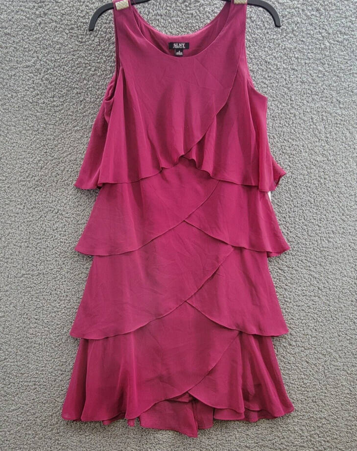 SL Fashions Tiered Chiffon Dress Women's 4 Wineberry Ruffled Scoop Neck Pullover