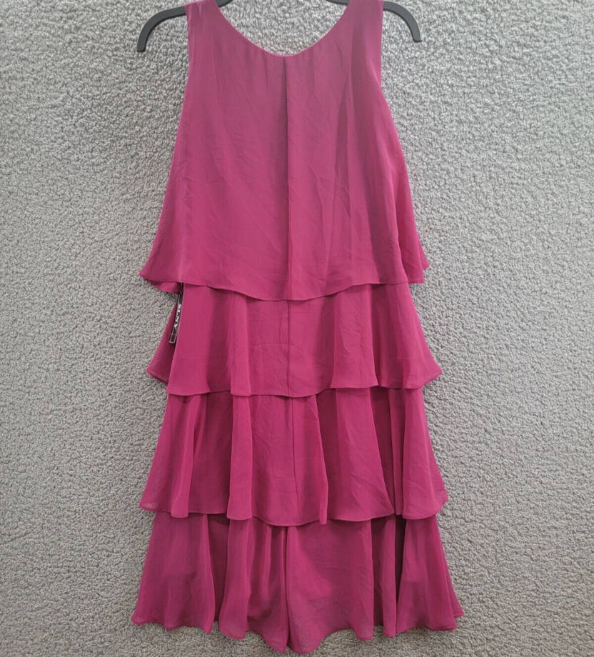 SL Fashions Tiered Chiffon Dress Women's 4 Wineberry Ruffled Scoop Neck Pullover
