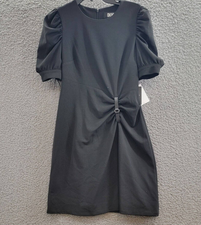 DKNY Puff-Sleeve Ruched Dress Women's 4 Black Round Neck Back Zip Closure S/S