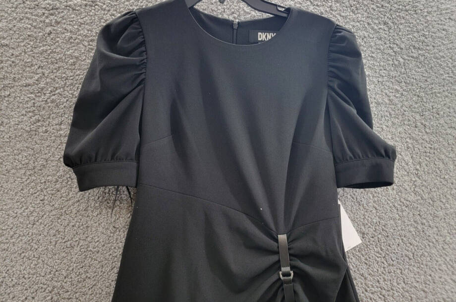 DKNY Puff-Sleeve Ruched Dress Women's 4 Black Round Neck Back Zip Closure S/S